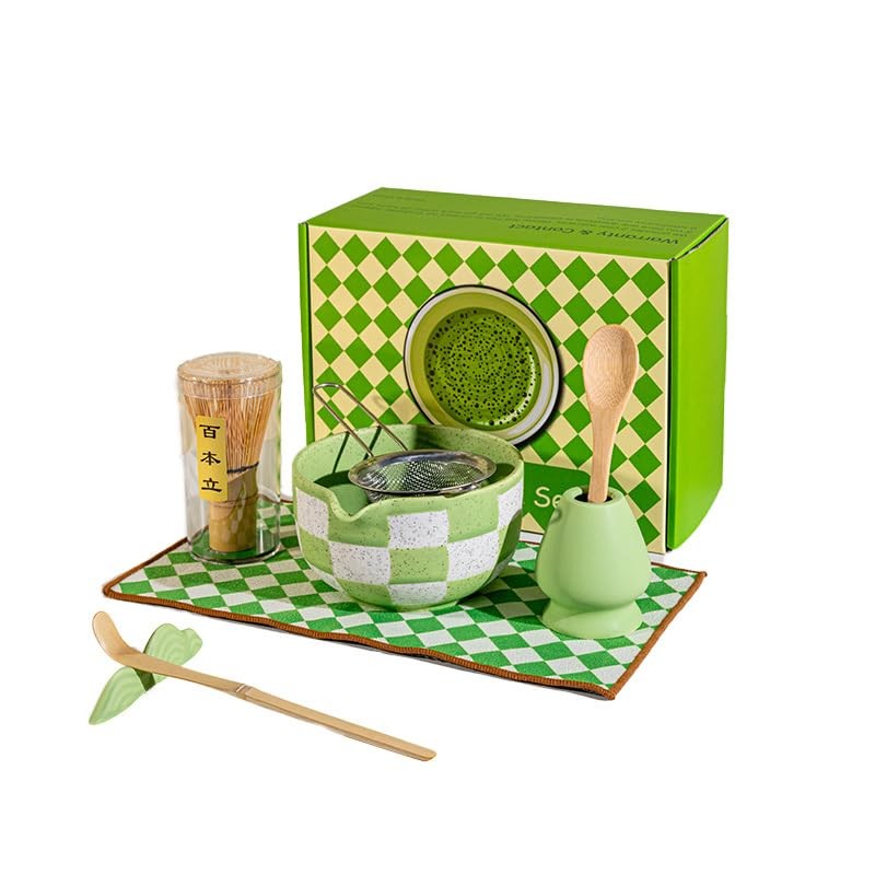 8pcs Checkered Matcha Tea Set,Ceramic Matcha Kit Set Includes Matcha Bowl,Cha…
