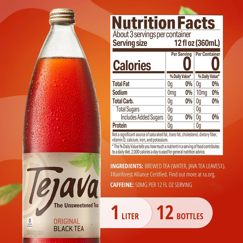 Tejava Black Iced Tea, Original Unsweetened, 12 Pack, 1L Glass Bottles, No Sugar gallery