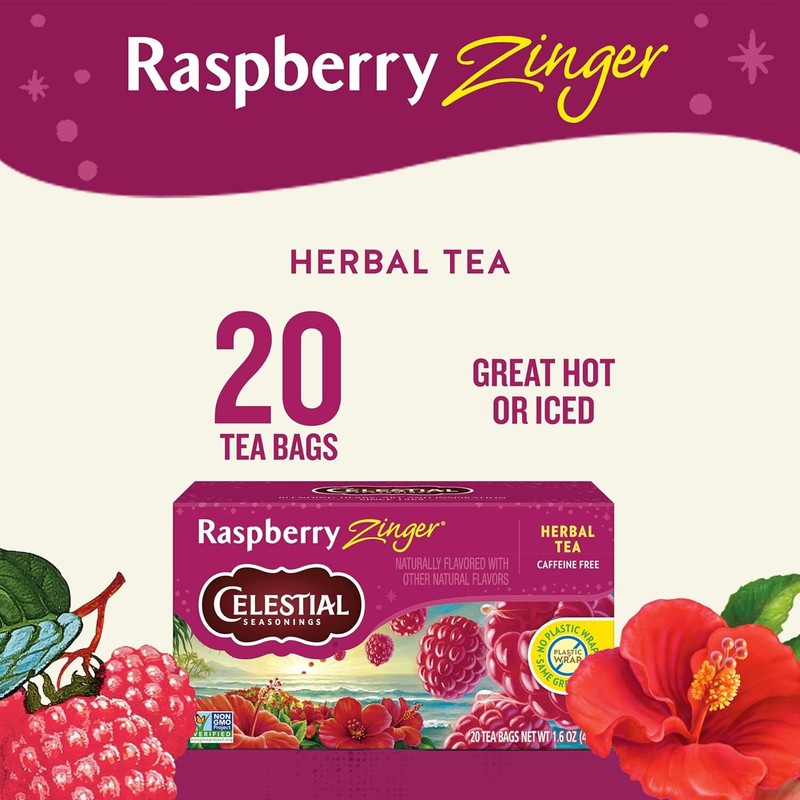 Celestial Seasonings Raspberry Zinger Herbal Tea, Caffeine Free, 20 Tea Bags Box gallery